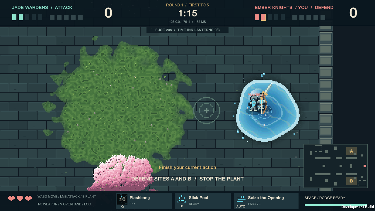 Mid-round in the Cinder Keep: an Ember Knight slides across a slick pool beside a bog swamp and a cherry tree, with the minimap showing sites A and B.