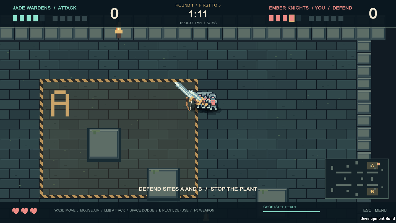 Defenders clash with an attacker at the edge of bomb site A in the Cinder Keep.